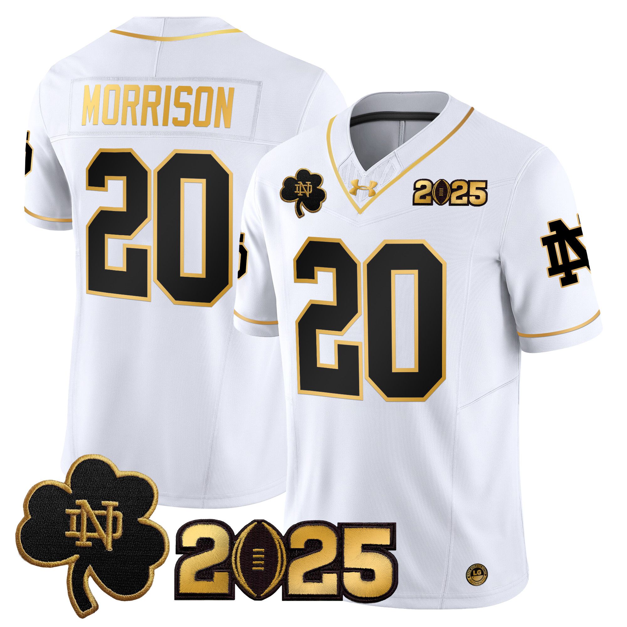Men Notre Dame Fighting Irish 20 Morrison White 2025 CFP Final Patch Gold Vapor Limited NCAA Jersey